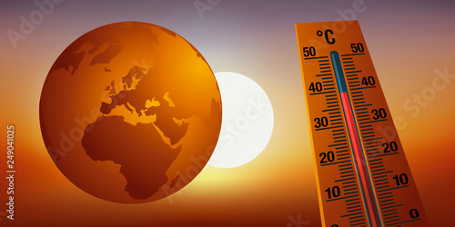 Concept du réchauffement climatique et de la destruction de l’environnement avec comme symbole, un thermomètre montrant l’augmentation de la température.