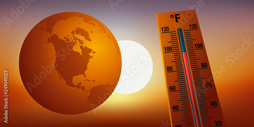 Concept du réchauffement climatique et de la destruction de l’environnement avec comme symbole, un thermomètre montrant l’augmentation de la température.