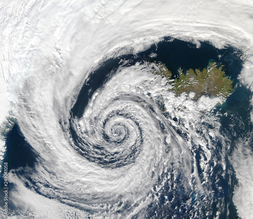 Satellite View a storm over Iceland. Elements of this image furnished by Nasa.