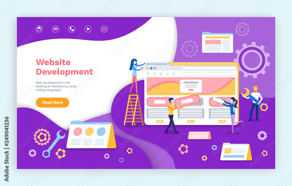 Website development, programmers working on web pages vector. Coding and increasing site productivity, programming of computers internet capacity. Webpage template, landing page in flat