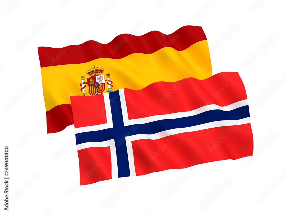 National fabric flags of Norway and Spain isolated on white background. 3d rendering illustration. 1 to 2 proportion.