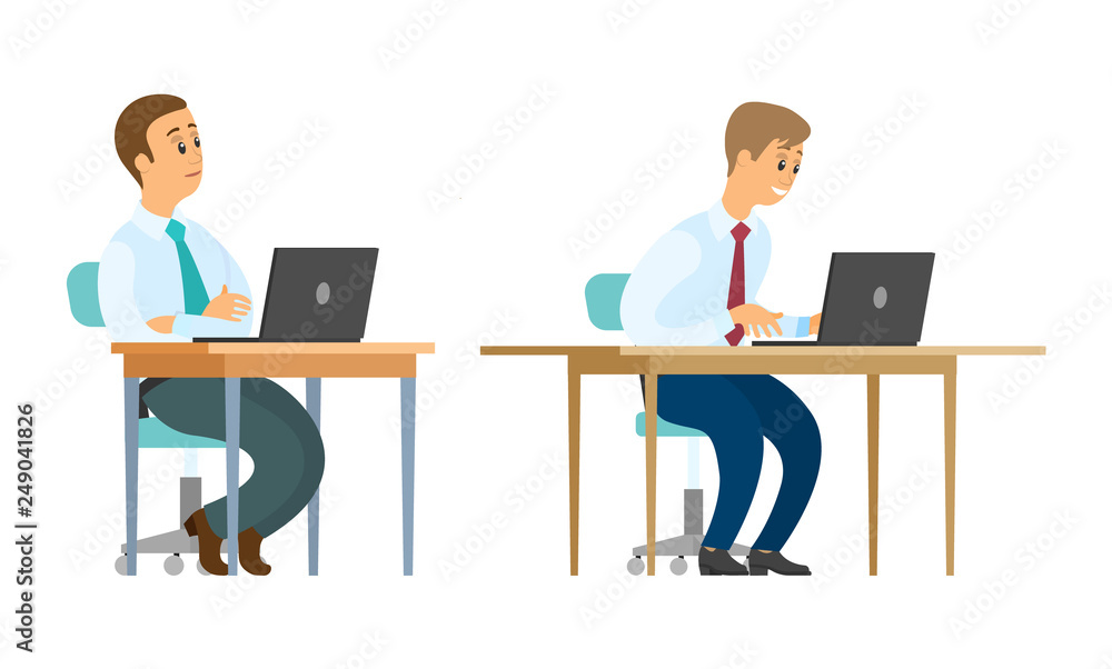 Worker sitting by tables vector, office employees with laptops. Male teamwork, collaboration between coworkers, developers and optimizing website