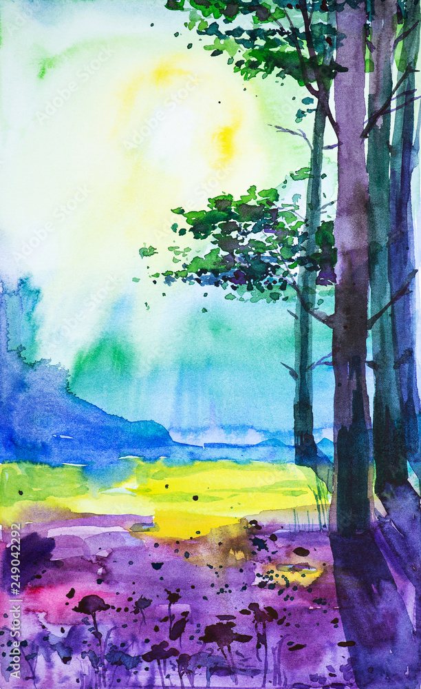 Obraz Watercolor illustration of a beautiful summer forest landscape