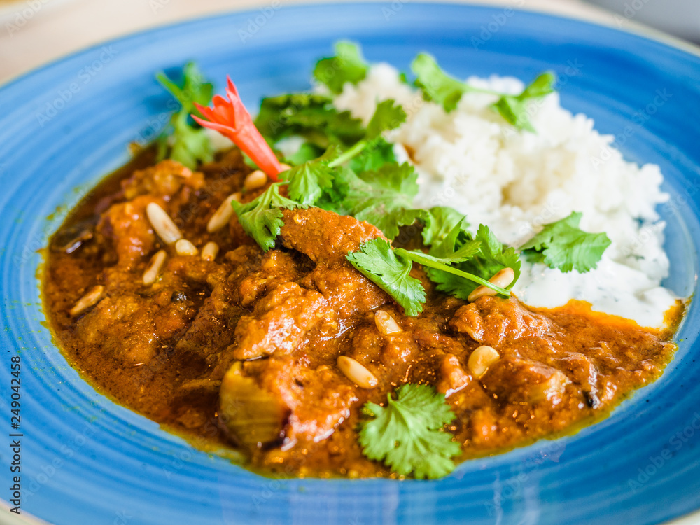 Massaman curry with chicken and rice, Thai dish, Thai food, Chicken massaman curry with steamed rice.