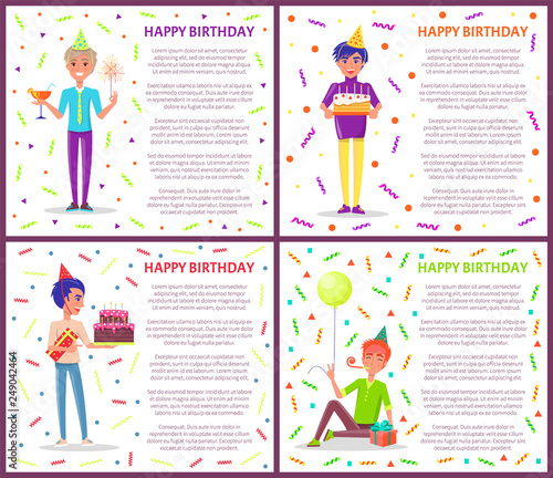 Happy birthday greeting posters with men celebrating Bday. Cartoon male with party horn, festive hat vector on backdrop of tinsels and confetti, gifts
