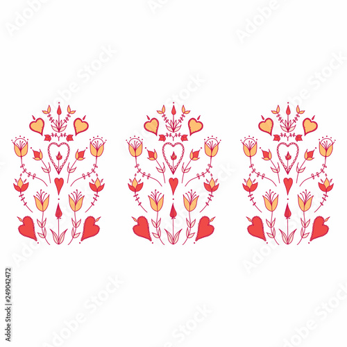  stylized flowers. hearts and flowers. stylization of natural motive.  Oranment in folk style. folk motif.