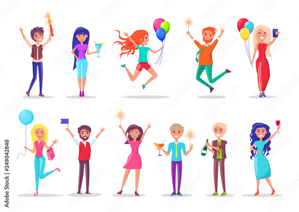 Girls and guys with balloons and gifts, birthday celebration vector. Men and women, firework and cocktail, sparkler and card, package and flag, champagne