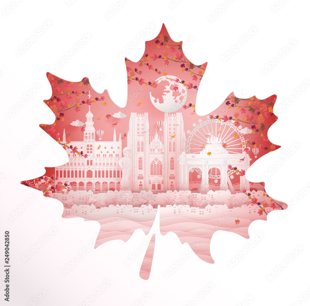 Autumn in Brussels, Belgium with maple leaf style in season concept for travel postcard, poster, tour advertising of world famous landmarks in paper cut style. Vector illustration.