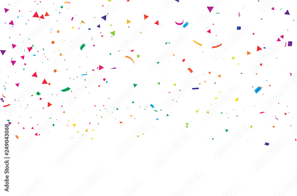 White background with colorful confetti Celebration carnival ribbons. luxury greeting rich card.