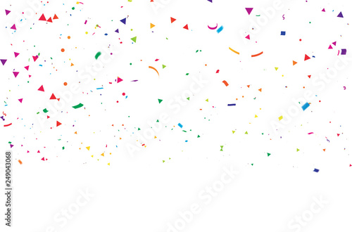 White background with colorful confetti Celebration carnival ribbons. luxury greeting rich card.