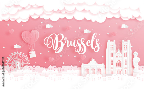 Honeymoon trip and Valentine's day concept with travel to Brussels, Belgium and world famous landmark in paper cut style vector illustration.