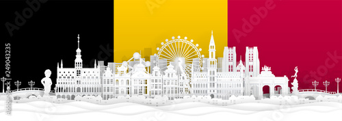 Belgium flag and famous landmarks in paper cut style vector illustration. 