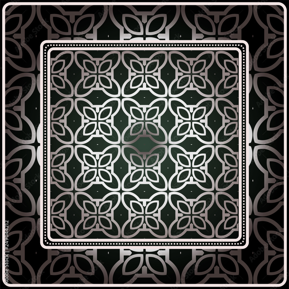 Obraz premium Background, Geometric Pattern With Ornate Lace Frame. Illustration. For Scarf Print, Fabric, Covers, Scrapbooking, Bandana, Pareo, Shawl. Silver. dark grey, green color color