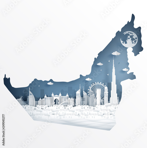 Dubai map concept with famous landmark for travel postcard and poster, brochure, advertising in paper cut style vector illustration.