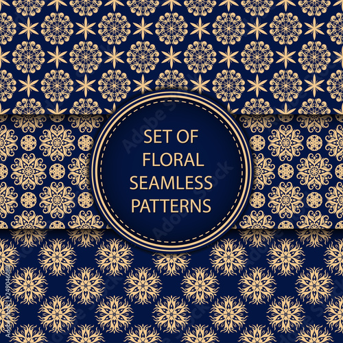 Golden blue floral seamless backgrounds. Compilation of patterns