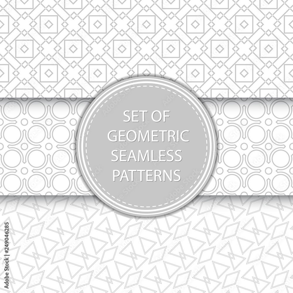 Compilation of geometric seamless patterns. Gray and white mixed shapes backgrounds