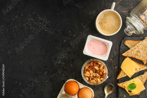 breakfast or snack (coffee, yogurt, cheese, sandwiches, cornflakes and more). Food background