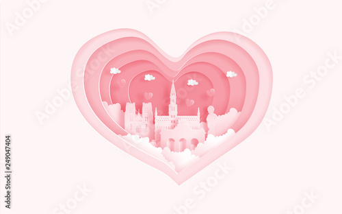 Brussels, Belgium famous landmarks in love concept with heart shape. Valentine's card and travel advertising for couple. Paper cut style vector illustration.