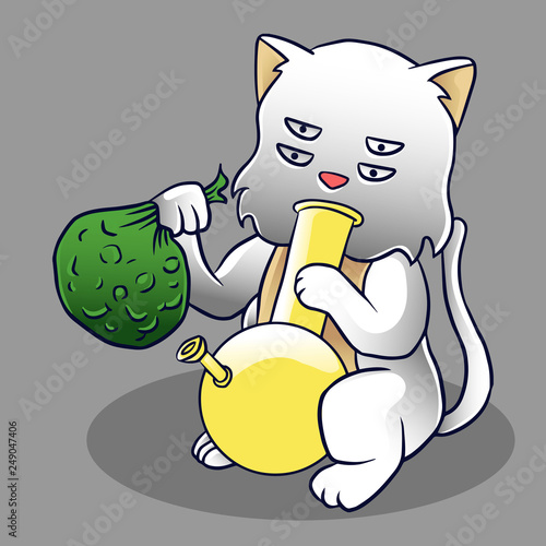 white cat cartoon smoking with bong pipe isolated