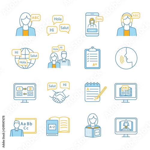 Foreign language learning color icons set