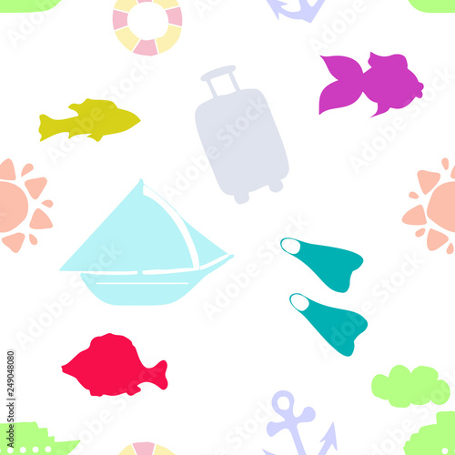 Childish seamless pattern with train, ship, steamer, plane, cloud, and Sun. Pastel colors.
