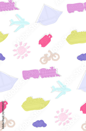 Childish seamless pattern with train, ship, steamer, plane, cloud, and Sun. Good for kids fabric, textile .