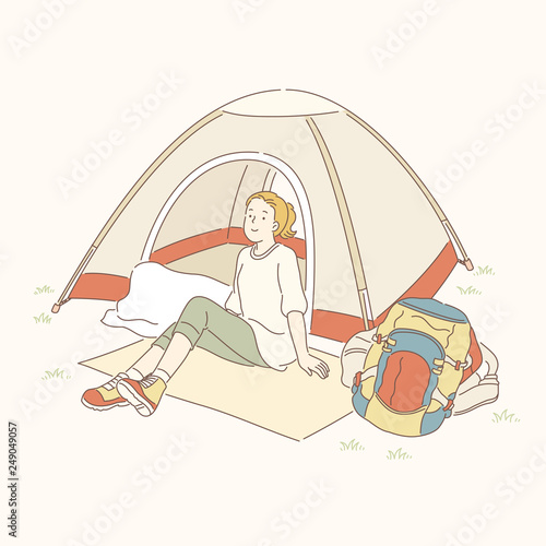Girl and camping tent