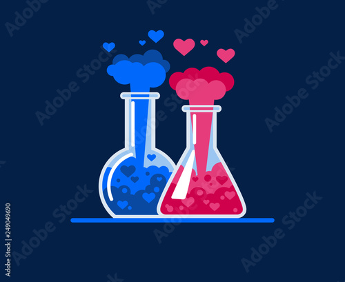 Chemical explosion and flying hearts. Love symbol