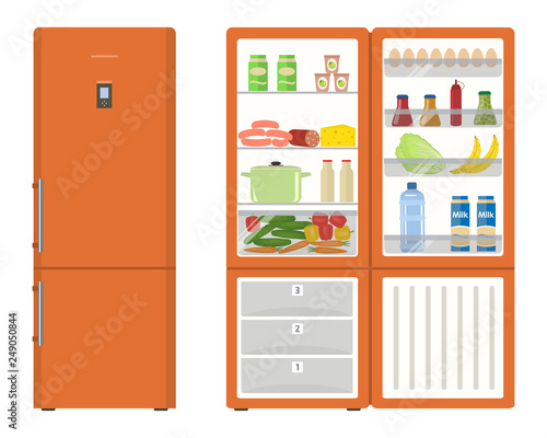 Orange fridge with open doors, a full of food. There is a water bottle, a sausage, cheese, bananas, eggs, milk, yogurts, ketchup, vegetables and other products in the picture. Vector illustration