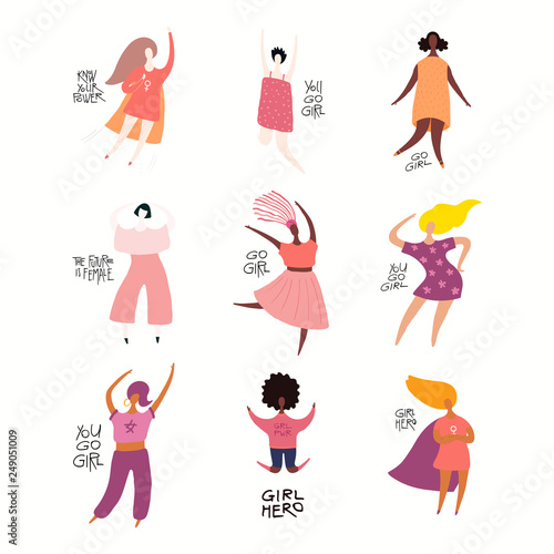Set of diverse women, quotes about girl power, feminism. Isolated objects on white background. Hand drawn vector illustration. Flat style design. Concept, element for womens day card, poster, banner.