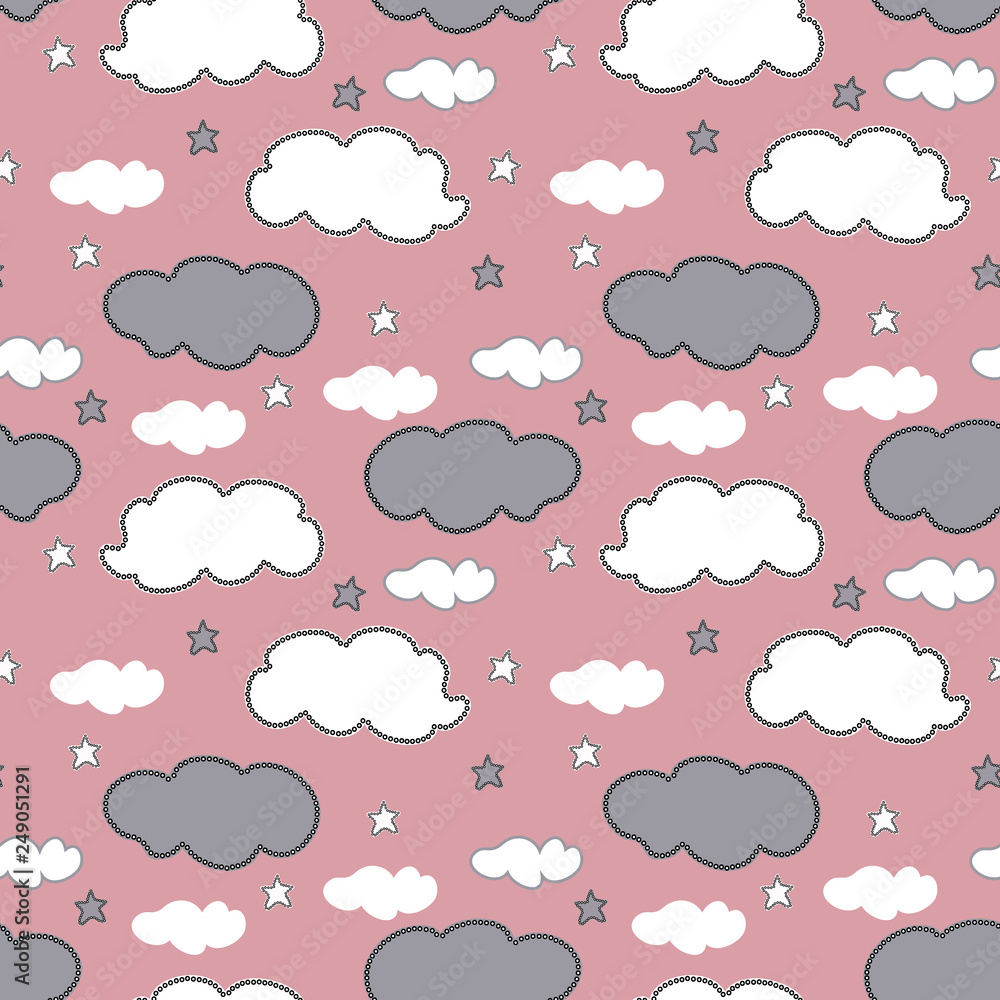 Baby vector seamless pattern. Hand drawn gray and white clouds and stars on pink background. Template for desing, textile, wallpaper, wrapping, cover, web site, card, banner, ceramic tile.