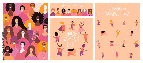 Set of womens day cards with diverse women and lettering quotes. Hand drawn vector illustration. Flat style design. Concept, element for feminism, girl power, poster, banner, background.