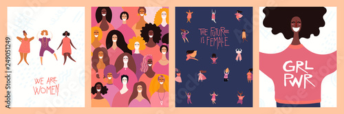 Set of womens day cards with diverse women and lettering quotes. Hand drawn vector illustration. Flat style design. Concept, element for feminism, girl power, poster, banner, background.