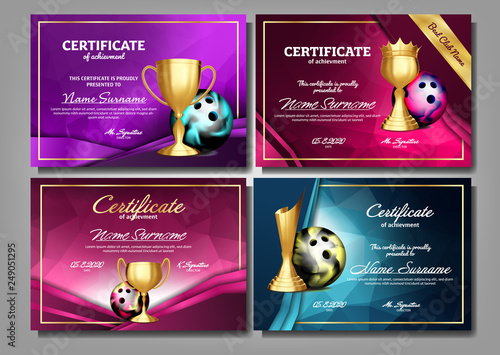 Bowling Game Certificate Diploma With Golden Cup Set Vector. Sport Award Template. Achievement Design. Honor Background. A4 Horizontal. Graduation. Elegant Document. Champion. Illustration