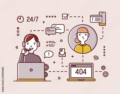 Smiling online consultant wearing headphones with microphones sitting at computer and answering customers' calls