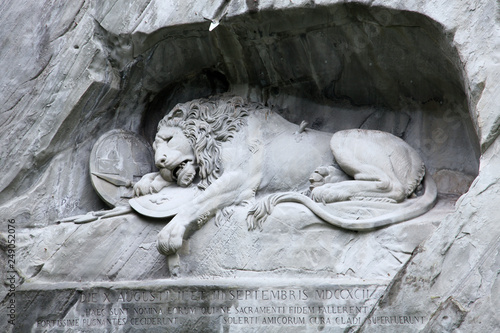 Lewendenkmal (the orininal name of ancient lion monument in Lucerne, Switzerland). It was carved on the cliff to honor the Swiss Guards of Louis XVI of France. Outdoors, copy space.