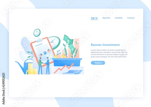 Web banner template with pair of businessmen or investors shaking hands, stoc...