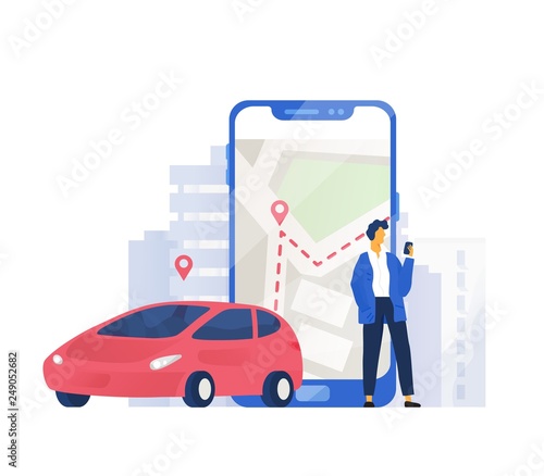 Modern composition with automobile and male character standing beside giant mobile phone with city map on screen. Colorful vector illustration in flat style for carsharing or car rental service.