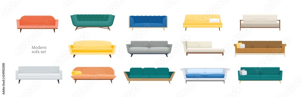Collection of comfy modern sofas isolated on white background. Bundle of  stylish comfortable couches of various types. Set of cozy furniture.  Colorful vector illustration in flat cartoon style. Stock Vector | Adobe