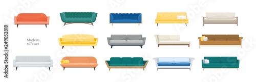 Collection of comfy modern sofas isolated on white background. Bundle of stylish comfortable couches of various types. Set of cozy furniture. Colorful vector illustration in flat cartoon style.