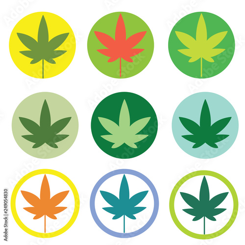 Vector colored cannabis leaf icons isolated on white background. 