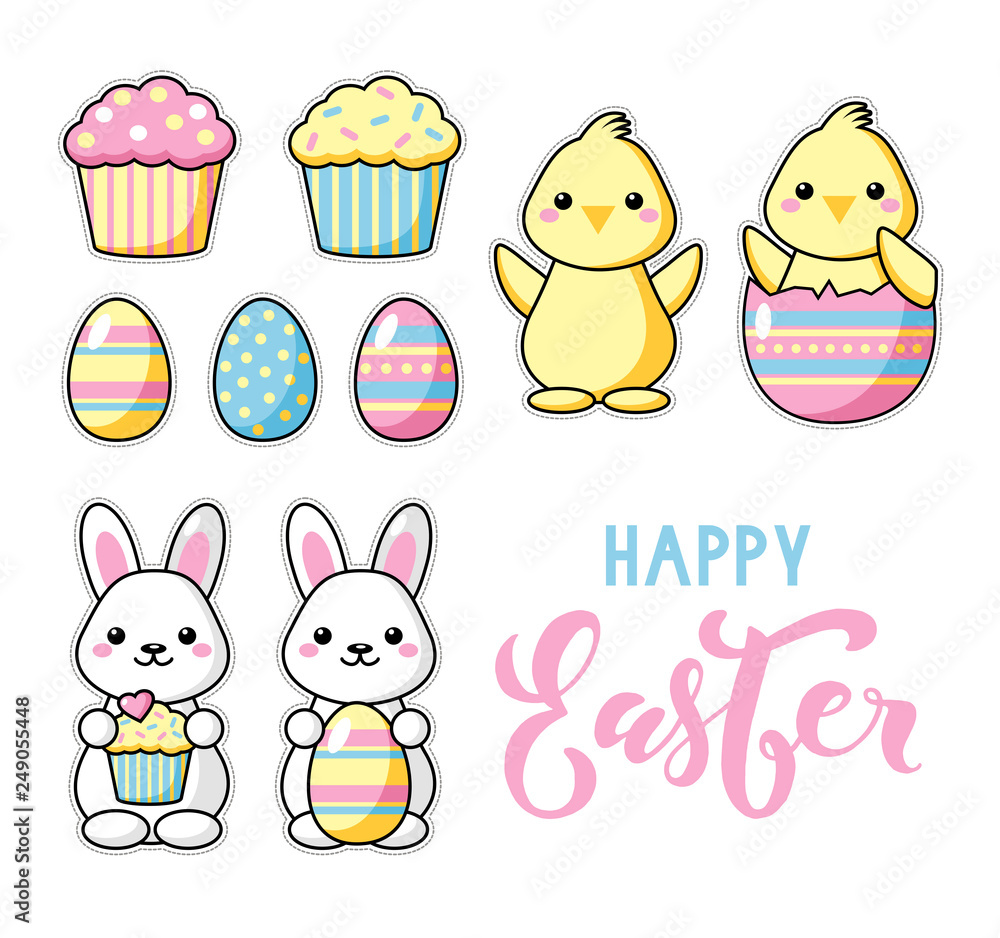 Set of cute kawaii Easter cartoon characters with lettering. Easter sweets,  eggs, bunny and chick. Beautiful Kawaii vector illustration for greeting  card/poster/sticker. Happy Easter lettering. Stock Vector | Adobe Stock