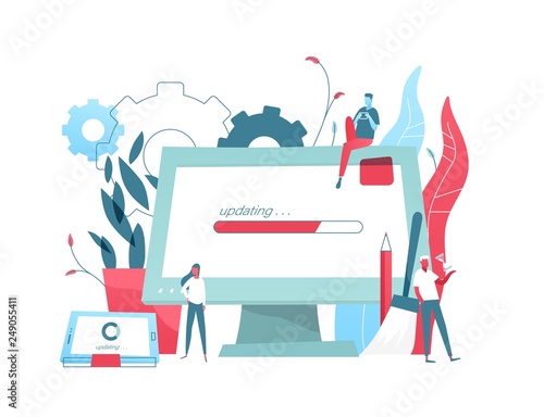 Composition with giant computer display and tablet PC with progress bar on screen and tiny people. System update or upgrade download and installation, software maintenance. Flat vector illustration.