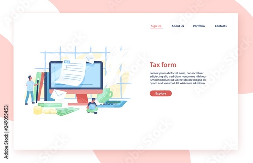 Landing page template with giant computer, tiny people or taxpayers sitting beside and filling in tax form, money bills and coins. Personal taxation. Flat vector illustration for advertisement.