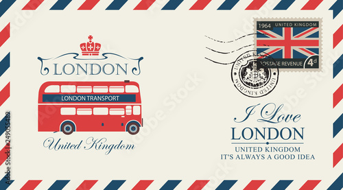 Vector postcard or envelope with the London double decker and inscriptions. Retro postcard with postmark in form of royal coat of arms and postage stamp with flag of United Kingdom