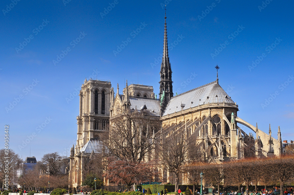 Obraz premium View from the River Seine on the Notre Dame Cathedral a medieval Catholic cathedral on the Ile de la Cite in the fourth arrondissement of Paris, France.