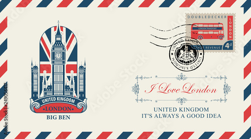 Vector postcard or envelope with Big Ben in London, UK flag and inscriptions. Retro postcard with postmark in form of royal coat of arms and postage stamp with double decker bus