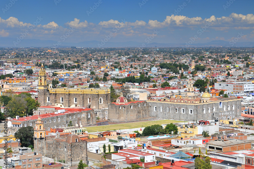 View of downtown and of Convent of San Gabriel in Cholula, Puebla, Mexico.