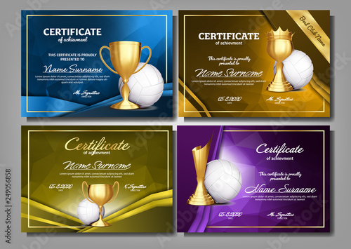 Volleyball Game Certificate Diploma With Golden Cup Set Vector. Sport Award Template. Achievement Design. Honor Background. Champion. Best Prize. Winner Trophy. Template Illustration
