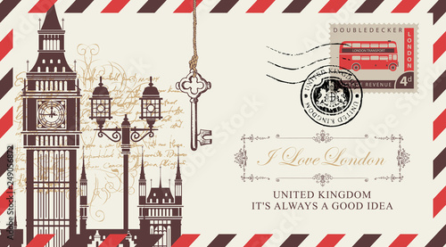 Vector postcard or envelope with Big Ben in London, lamp post and inscription I love London. Retro postcard with postmark in form of royal coat of arms and postage stamp with double decker bus